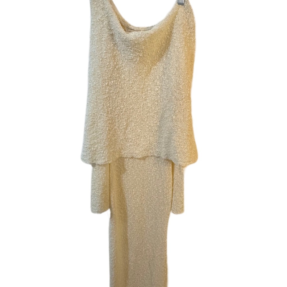 Meshki Cream Bouclé Strapless Gown with Draped Overlay